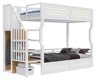 Obrázok produktu pre Vysoká posteľ 90x200 cm z kovu s úložným priestorom v schodiskovej konštrukcii, malou šatníkom a LED osvetlením, biela posteľ pre mládež, vhodná do menších spální