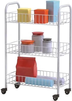 A white three-tier wire storage cart filled with various items.