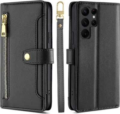 Produktbild von Handykette Samsung Hülle mit Band Handyhülle Kartenfächer Kunstleder Umhängetasche Galaxy S22 Ultra Schwarz