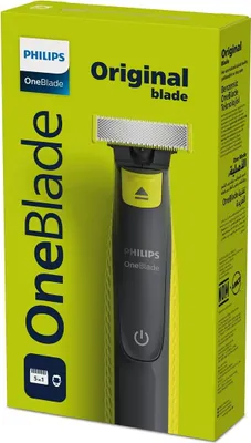 The image shows the packaging of a Philips OneBlade electric shaver.