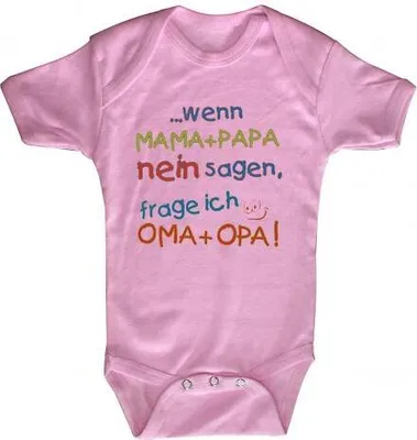 Produktbild von Babystrampler mit Print – Mama + Papa nein sagen, frage ich Oma + Opa - 08351 Gr. 0-24 Monate Color - rosa Größe - 6-12 Monate