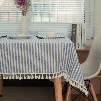 Produktbild von Tischläufer Gestreift mit Fransen 220 x 140 cm Blau/Weiß Baumwoll-Leinen