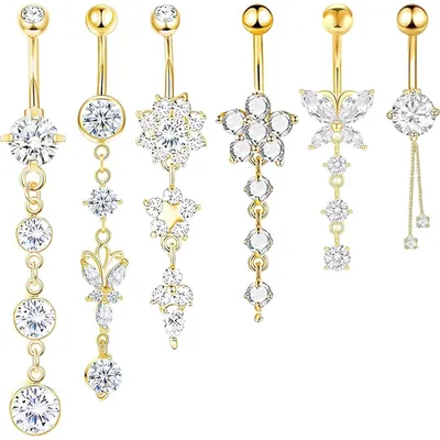 Image de Kit de piercing ombilical, 6 pièces, papillons suspendus, acier chirurgical doré, résistant à l'eau