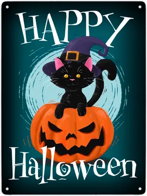 Produktbild von Happy Halloween Metallschild XXL in 28x38 cm mit niedlicher schwarzer Katze