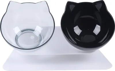 Produktbild von Futterschüssel Katze 2in1 Katzennapf Hundenapf 15°Neigung Futternapf Gekippte rutschfeste Basis (Schwarz+Transparent)
