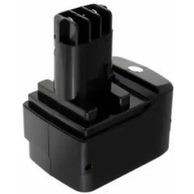 A black battery pack for a power tool, shown from a slightly elevated angle against a white background.