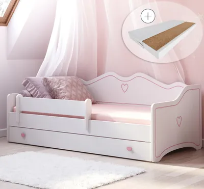 Produktbild von Mädchenbett Kinderbett Jugendbett 80x180 mit Matratze Rausfallschutz & Schublade | Prinzessin Kinder Sofa Couch Bett umbaubar weiß rosa