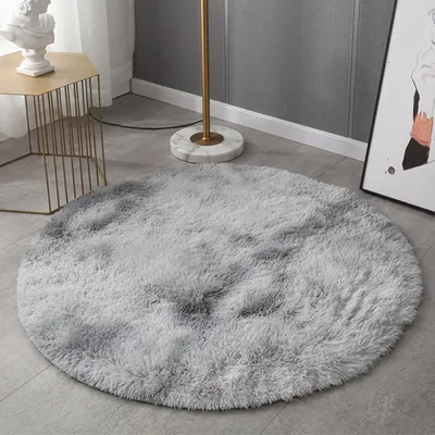 Image de Tapis rond, gris clair, 120 cm, à poils longs et doux, lavable