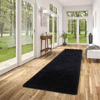 Produktbild von Hochflor Shaggy Läufer Teppich Palace Schwarz, Größe:80x320 cm