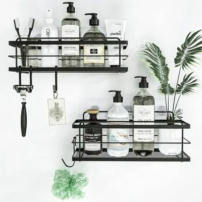 Produktbild von Famanu Duschregal Set 2-teilig, bohrfreies selbstklebendes Duschregal mit Haken, schwarzer Organizer für Dusche und Küche