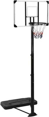 Produktbild von Basketballständer transparent aus Polycarbonat höhenverstellbar 256-361 cm mit stabilem Stahlring und wetterfestem Nylonnetz, freistehend für Indoor und Outdoor Spiel und Training