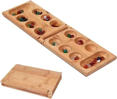 Produktbild von "Blumenleuchten - Kalaha-Brettspiel mit faltsamer Spielfläche und Natursteinen - Familienfreundliches Spielware - Holzmodell - Taktik-Spiel für Mancala-Fans"