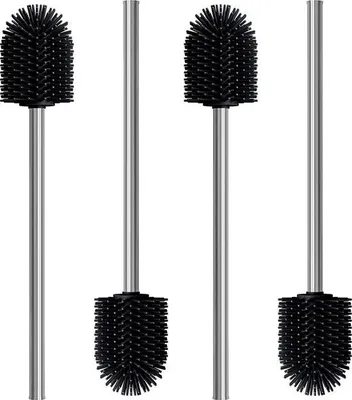Produktbild von Set aus 4 silikonischen Toiletenschwämmern, schwarz, Toiletenschwämmer mit einem Durchmesser von 7,7 cm, Toiletenschwämmer mit rostfreiem Griff, eleganter Design, abnehmbarer Aufsatzschwämmer
