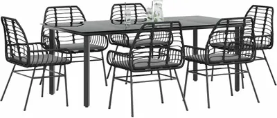 Produktbild von 7-tlg. Garten-Essgruppe mit Kissen Schwarz Poly Rattan Glas
