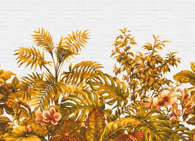 Produktbild von Dschungel Tapete in Gold Weiß | Urban Jungle Fototapete mit Palmenblättern auf Steinwand | Moderne Palmen Fototapete aus