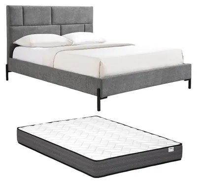 Produktbild von Bett 160 x 200 cm mit gepolstertem Kopfteil – Stoff – Grau + Matratze – NOULAVO