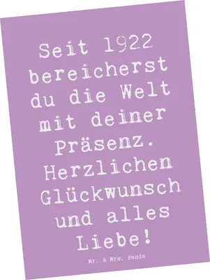 Produktbild von Mr. & Mrs. Panda Postkarte Spruch 1922 Geburtstag - Lavendeltraum - Geschenk, Retro-Geschenk, Happy Birthday, Alter, Geburtstagsfeier, Geburtstagsgeschenk, Grußkarte