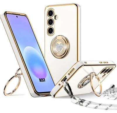 Image de Coque pour Samsung Galaxy A57 5G, Souple TPU avec Anneau Rotatif Motif Coeur et Cordon - Blanc