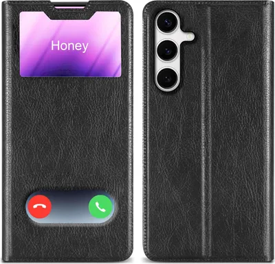A black flip case for a smartphone, shown from the front and back.