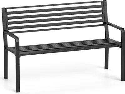A black metal park bench with a slatted seat and backrest, shown from a front-facing angle on a white background.