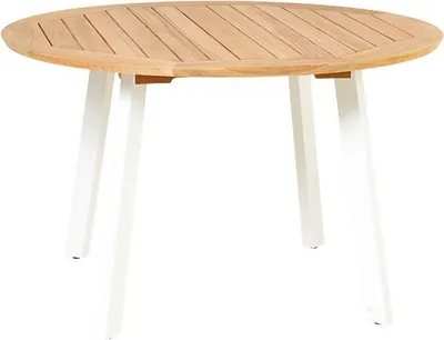 Produktbild von Diana Tisch Rund Durchmesser 125 cm aus Teakholz Natur Beine Alu Weiß