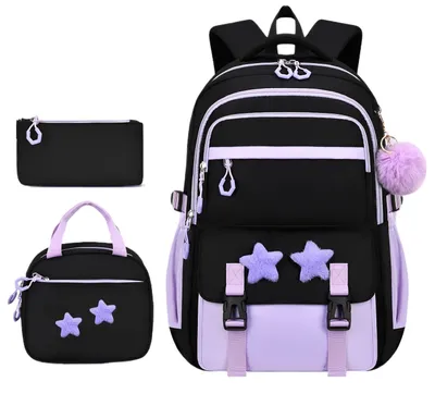 Produktbild von Schulranzen Set 3-teilig, Leichter Rucksack Wasserdicht, 16 Zoll Laptopfach, Brotdose Tasche Federmäppchen, Schüler Rucksack, Lila