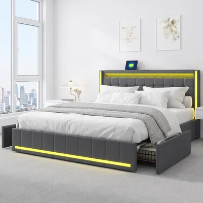 Produktbild von Stauraumbett 140x190cm, Bett mit Stauraum, 4 Schubladen, Polsterbett mit LED und USB, Doppelbett Bettgestell mit Lattenrost, Jugendbett, Leinen, Grau