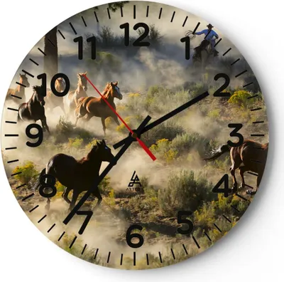 Produktbild von Wanduhr - Rund - Glasuhr - Cowboy Cowgirl Pferd - 40x40cm - Schleichendes Uhrwerk - Lautlos - zum Aufhängen bereit - Dekoration Modern - Wanddekoration aus Glas - C4AR40x40-2201