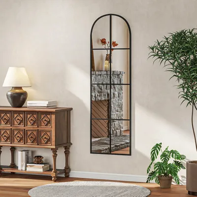 Produktbild von HOMCOM Großer Ganzkörperspiegel 40 x 160 cm – Wand- oder Stand-Bogenfensterspiegel mit Metallrahmen, bruchsicherer Folie – für Schlafzimmer, Wohnzimmer und Ankleidezimmer, Schwarz