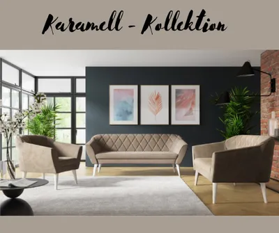 A living room setting with a couch and two armchairs, featuring artwork on the wall and large windows.