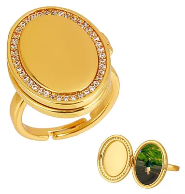 Medaillon-Ring verstellbar, Gold, Strass, oval, Fotofach 18,5x13,5 mm