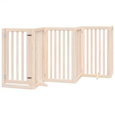 A light-colored wooden pet gate is shown against a white background.