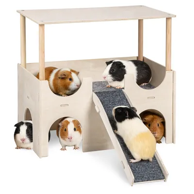 Produktbild von 2-stöckiges Meerschweinchen Hamster Haus aus Holz, Meerschweinchen Versteck mit Treppe und Matten