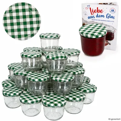 Produktbild von 100er Set Sturzglas 230 ml To 82 grün karierter Deckel incl. Diamant-Zucker Gelierzauber Rezeptheft