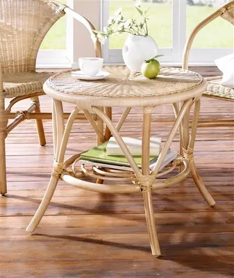 Image de Table en rotin laqué naturel, ronde Ø 62 cm, table d'appoint, table basse, table de salon