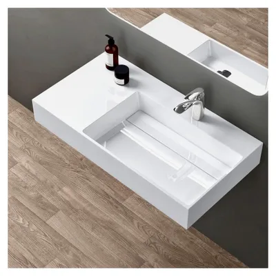 Produktbild von Waschbecken Waschtisch 90x48x13 cm mit verstecktem Ablauf in weiß aus Mineralguss als Aufsatz- und Hängewaschbecken