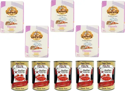 Produktbild von Farina Molino Caputo Nuvola Pizza Napoli Pizzamehl für leichten teig 5x 1kg und Italian Gourmet Polpa di pomodoro Fein gehacktes Tomatenmark 5x 400g