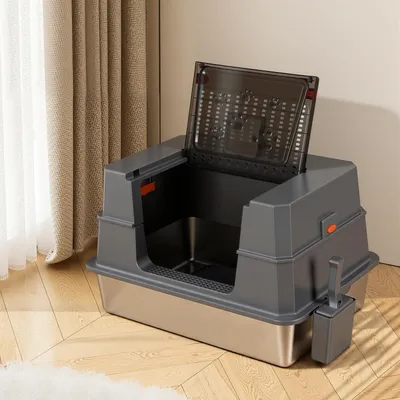 Immagine prodotto di Lettiera per gatti Ikodm XXL in acciaio inossidabile, dimensioni 70 x 50 x 43 cm, chiusa con coperchio a ribalta, spaziosa, colore grigio e nero