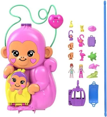 Produktbild von Polly Pocket Affenmama und Baby Spielset, 2 Mini-Figuren, 13 Zubehörteile, 2 Dschungel Szenen, HWP04