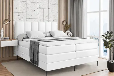 Produktbild von ALTDECOR Boxspringbett mit Schwarz Füßen, Matratze und Lattenrost, Topper, Polsterbett mit Bettkasten, Bett mit Stauraum H3- und H4- Matratze, Doppelbett -BOXI1-FC KING-140x200 - Weiß Kunstleder