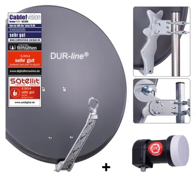 A collage of images showing a satellite dish, its mounting hardware, and an LNB.