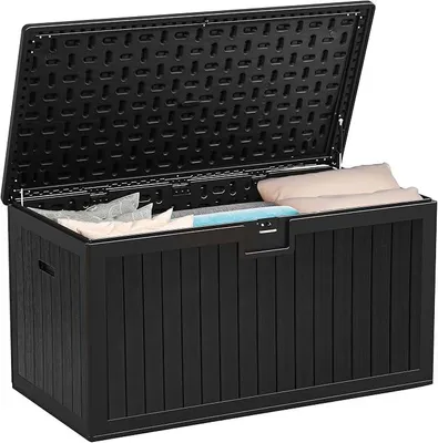 Imagen del producto de Caja de almacenamiento exterior de 567.8 litros, resistente a la intemperie, con tapa con cerradura. Banco de exterior robusto para terraza, ideal para guardar muebles de jardín, cojines, accesorios para la piscina y herramientas. Color: