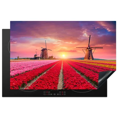 Produktbild von KitchenYeah© Herdabdeckplatte Mühle - Blumen - Sonnenuntergang - Niederländisch , 81x52cm, Küche Deko, Glaskeramikkochfeld Herdabdeckung, Abdeckplatte fùr Kochfeld
