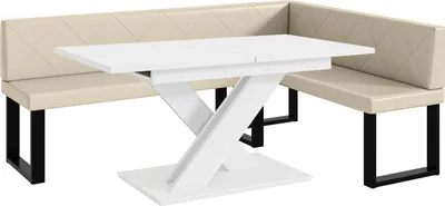 Produktbild von MEBLINI Eckbank für Esszimmer mit ausziehbarem Tisch - Küchenbank - Essecke - Sitzecke Küche - ERIC - U-Beine 142x196x87cm Rechts - Creme Kunstleder/B Weiß Matt