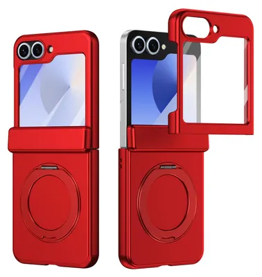 Produktbild von Magnetische Hülle für Samsung Galaxy Z Flip 6, mit Displayschutzfolie, Scharnierschutz mit Ringhalter und Ständer Rot