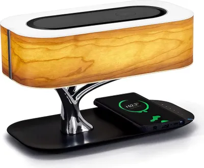 Produktbild von Nachttischlampe aus Holzfurnier, stufenlos dimmbar, kabelloses Ladegerät, Schlafmodus, perfekt für Schlafzimmer & Büro