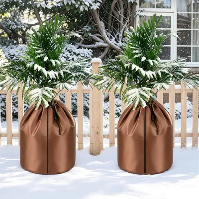 Image de Ensemble de 2 protections hivernales pour palmiers Ikodm, dimensions 70x65 cm, couleur marron. Protection contre le gel pour pots de plantes, avec isolation en aluminium et fermeture éclair