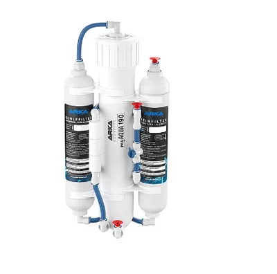A white water filtration system with blue tubing and red accents, set against a white background.
