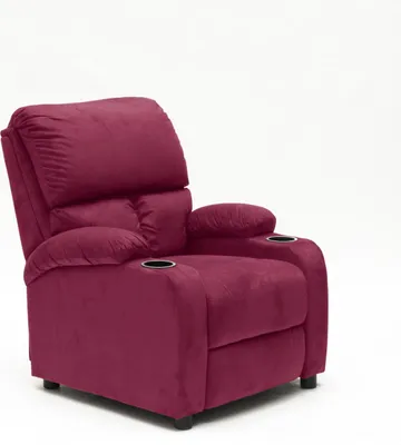 A pink recliner chair with cup holders, shown against a white background.