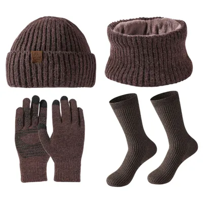 Produktbild von 4 in 1 Winter Thermo Mütze Schal Handschuhe und Socken Set für Herren Damen, Braun